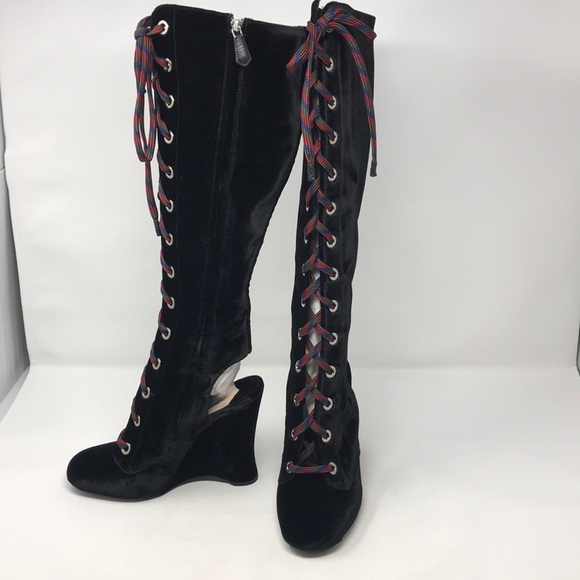 Prada Black Lace Up Velvet Runway Boots NIB - Picture 3 of 8